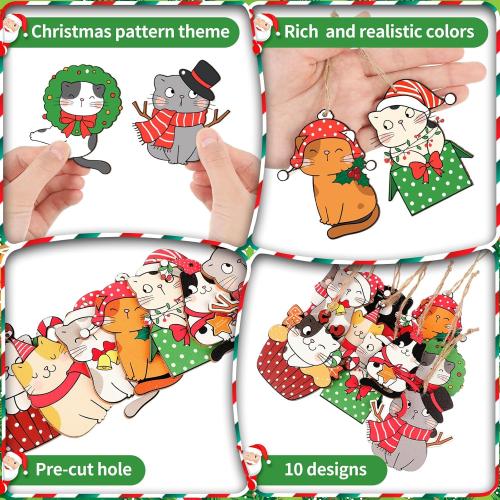 Spiareal 40 Pcs Christmas Cat Ornament Set Xmas Decor Tree Hanging Cat Wooden Holiday Decoration Ornaments for Christmas Tree Outdoor Hanging (Cute)