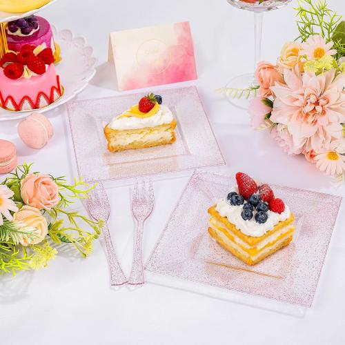 200 Pcs Pink Dessert Plates Including 100Pcs Appetizer plates 6'',100Pcs Plastic Forks 5.7'',Rose Glitter Plastic Square Plate for Wedding,Pink Salad plates and Cake forks for Birthday Party