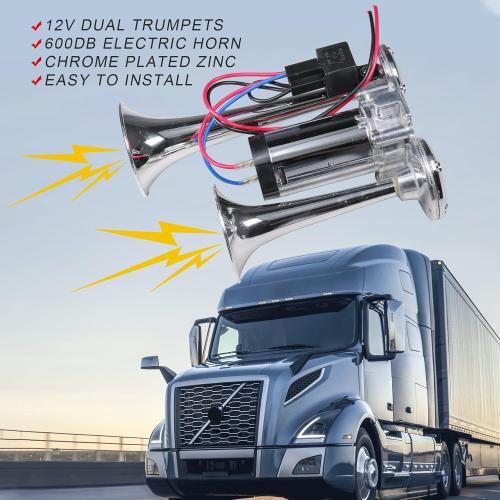 JDMSPEED New 12V 150DB Dual Trumpets Electric Horn Super Loud Air Horn Car Horns Kit With Compressor Replacement For Truck Boat Train Speaker Cars Van Ship Chrome