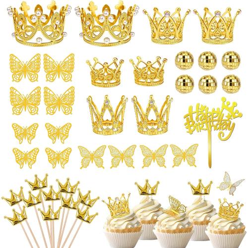 37PCS Crown Cake Topper Gold Crown Butterfly Disco Ball for Birthday