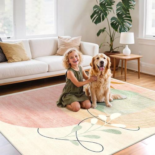 MUJOO Washable 8x10 Area Rugs Low Pile Non Slip Mid Century Modern Large | Machine Washable Big Throw Carpet for Living Room Dining Room Bedroom Indoor Boho Abstract Retro Geometric Accent Pink