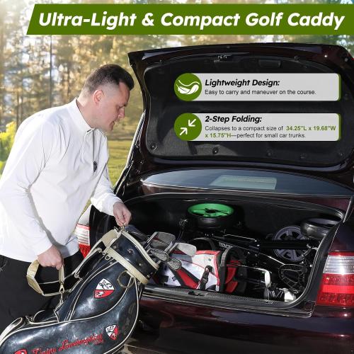 360 Golf Pull Cart: Lightweight Folding Swivel 3 Wheels Golf Caddy with Foot Brake, Cooler Bag, Drink& Umbrella Holder