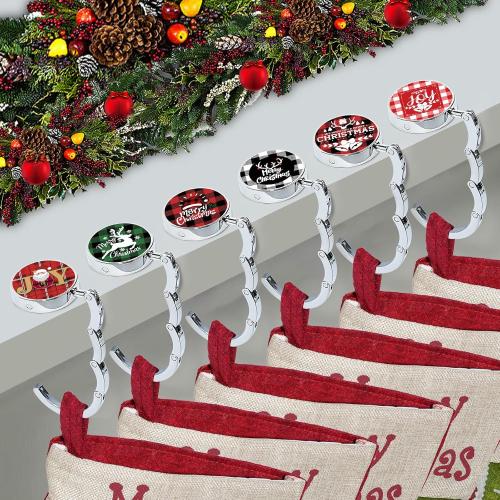6 Pack Christmas Stocking Holders for Mantle,Metal Stocking Hangers for Mantle, Non-Slip & Foldable Mantle Hooks for Stockings Hangers Xmas Mixed Pattern for Fireplace Christmas Decoration