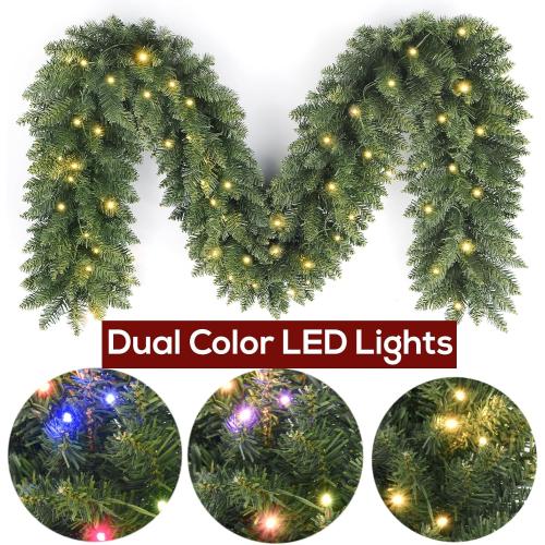 9FT Pre-Lit Artificial Christmas Garland with Dual Color LED Lights and Timer by Remote Control and Batteries Operated, Holiday Decorations, for Indoor Door Home Stairs Fireplaces Wall