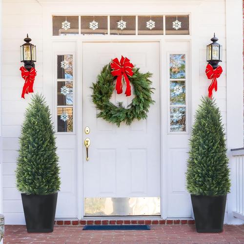 4FT Artificial Cedar Topiary Trees Set of 2, Extra Dense Foliage UV Resistant Fake Plants for Front Porch Christmas Decor, Lifelike Fake Trees Outdoor Indoor Home