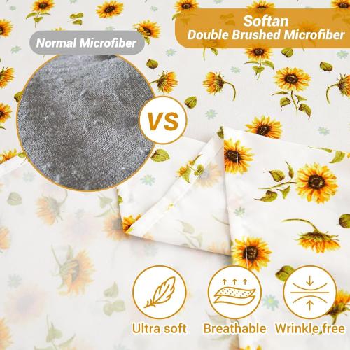 Softan Floral Sheet Set Queen, Sunflower Printed Bed Sheets Queen, Cozy Double Brushed Microfiber Fitted Sheet with 15 Deep Pocket and Corner Straps, Cute Yellow Flower Sheet & Pillowcase Sets
