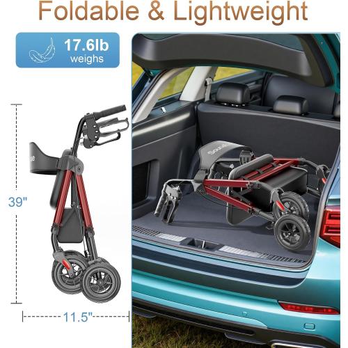 SOUNDFUSE Rollator Walkers for Seniors with Seat, Foldable Lightweight Rolling Walker with 8 Big PU Wheels, Ergonomic Seat, Dual Height Adjustment