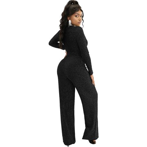 Size L LightlyKiss Women's casual sexy V-neck sparkling jumpsuit long sleeve loose jumpsuits Fashion Club party Rompers with belt