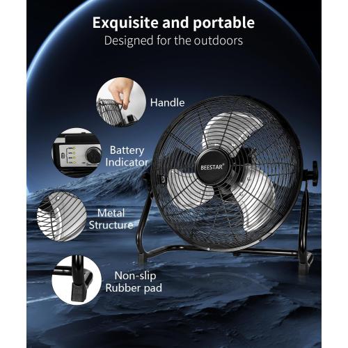 BEESTAR Battery Operated Fan, Rechargeable Floor Fan, Metal Blade Run Up to 30 Hours,15600 mAh Battery Powered Fan for Garage, Backyard, Camping, Travel,Black (Black)