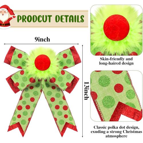 Suncalla 2 Pack Red Green Christmas Bows Decorations 9x13 Large Plush Wreath Bows Ornaments with Green Red Dot for Xmas Tree Home Fence Stairs Fireplace Front Garland Indoor Outdoor Decor