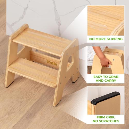WOODENN Ocodile Stepping-Up Set - Standing Tower and Step Stool for Kids (Varnished)
