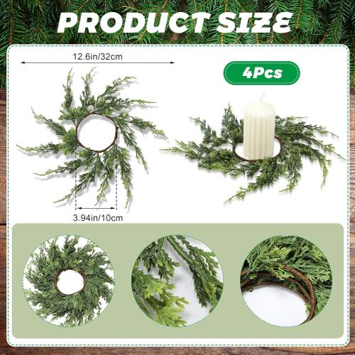 Vesici 4 Pcs 12.6'' Christmas Candle Rings Wreath Artificial Cedar Mini Kitchen Cabinet Wreath Decoration Xmas Candle Ring Table Centerpiece Decor for Christmas Wedding Home Table Decoration
