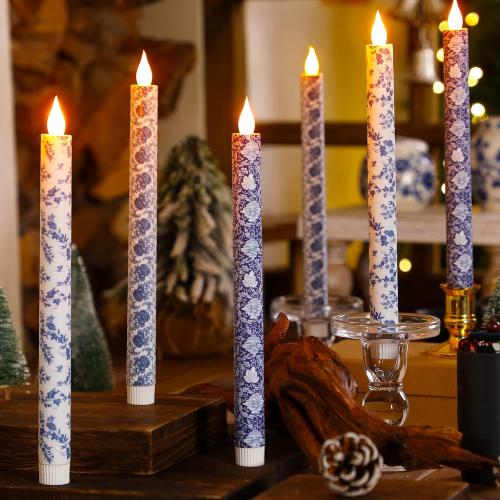 Baquler 6 Pcs Chinoiserie Flameless Candles 10.6 Inch Blue and White Battery Operated Led Candlesticks Chinoiserie Decor Porcelain for Holiday, Wedding, Party Table Centerpiece Home Decor