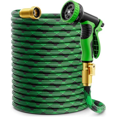 Green and Black Garden Hose Non-Expandable Water Hose with 10 Function Nozzles, Portable, Kink-Free, Outdoor and Garden Flexible Hose Pipe for Car Wash, Yard, Camper, Lawn, Lightweight Long Hose