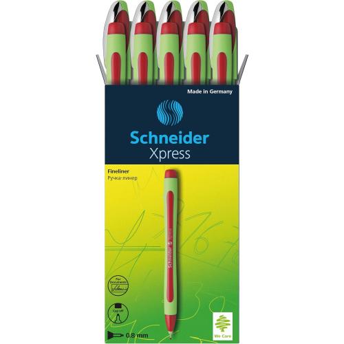 Schneider Xpress Premium Fineliner, 0.8 mm Porous Point, Light Green Barrel, Red Ink, Box of 10 Pens (190002)