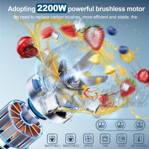 Commercial Blender 2200W 2.1QT 68OZ Quiet Blender Brushless Motors Commercial Smoothies, Frozen Drinks, Self-Cleaning Silver Grey