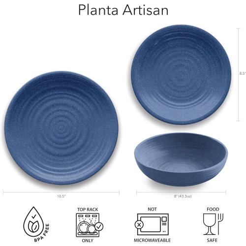 TarHong Planta Artisan Solid Dinner Plate, 10.5, Planta (Majority Plant Based with Melamine Binder), Shatterproof, Indoor/Outdoor Entertaining, Set of 6, Blue Matte