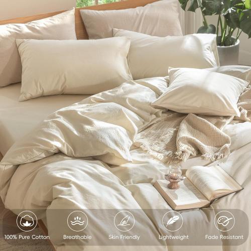MooMee Bedding Duvet Cover Set 100% Washed Cotton Linen Like Textured Breathable Durable Soft Comfy (Heathered Almond Milk Grey, Twin 68x90)