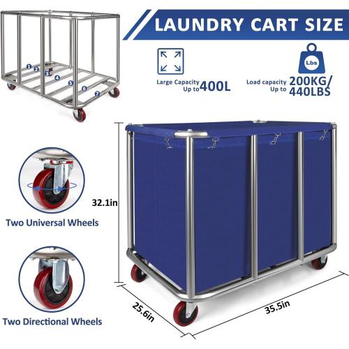 Commercial Laundry Cart with Wheels,11.35 Bushel Large Industrial Laundry Hamper,Industrial Laundry Cart with Stainless Steel Frame and Waterproof Oxford Cloth,440Lbs