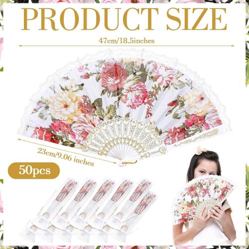 Geelin 50 Pcs Hand Lace Foldable Fans Bulk for Women with Organza Bag Lace Folded Hand European Retro Fan Bridal Dancing Prop Wedding Party Favors for Dancing Tea Party(Colored Rose,White)