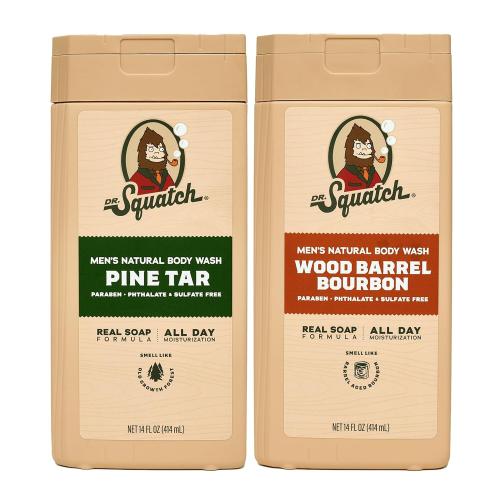Dr. Squatch Natural Men's Body Wash Shower Gel - Cleansing, Nourishing, Long Lasting Scent, Moisturizing Body Wash for Men - Pine Tar   Wood Barrel Bourbon (14 oz, 2-Pack)
