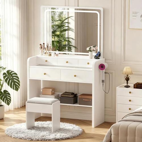 Makeup Vanity Desk Set with LED Lighted Mirror Glass Top Dressing Table & Stool, 5 Storage Drawers, Power Outlet, Hair Rack Stepless Dimmable Lights (3 Color Modes), White (the mirror is broken; see the picture) (NO TEST)
