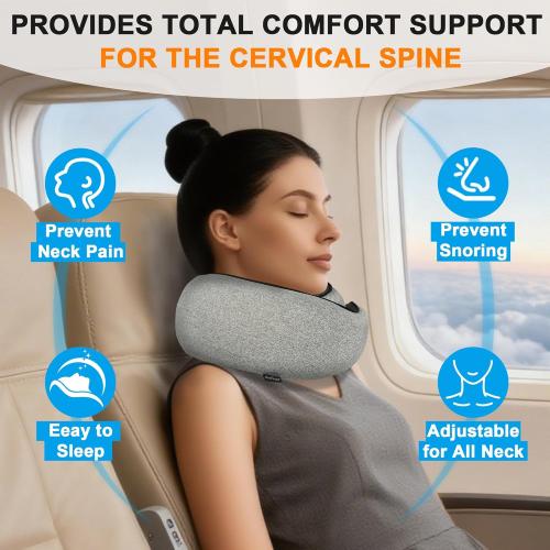 burfocus Advanced Neck Travel Pillow | 100% Pure Memory Foam, Designed for The Comfort of Travel & Office, Travel Pillow for Plane, Car, Home, Work, Dark Grey