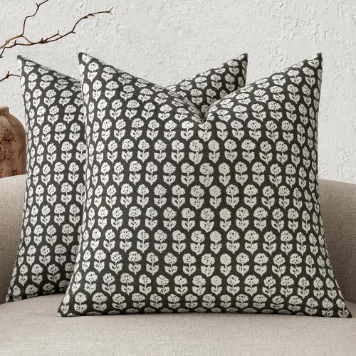 MIULEE Block Print Pillow Covers 18x18 Inch Set of 2, Vintage Floral Throw Pillow Cases Neutral Linen Farmhouse Cushion Covers for Couch Sofa Bed Chair Living Room, Black