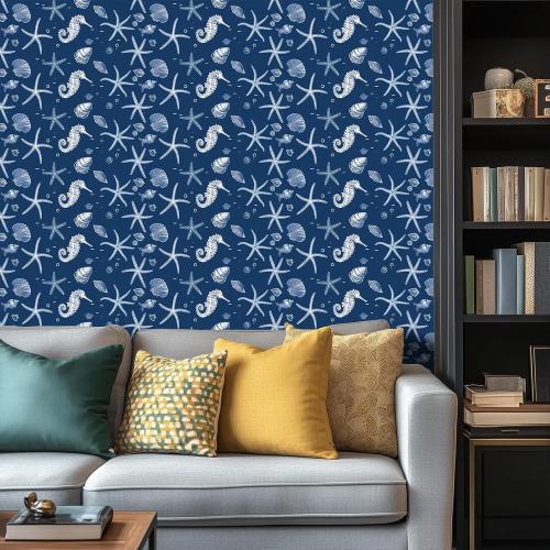 Ocean Sea Life Wallpaper Peel and Stick Vinyl Self-Adhesive Removable Contact Paper Starfish, Seahorse, and Shell Design for Walls Countertops Cabinets Home Decor 15.7x39.4
