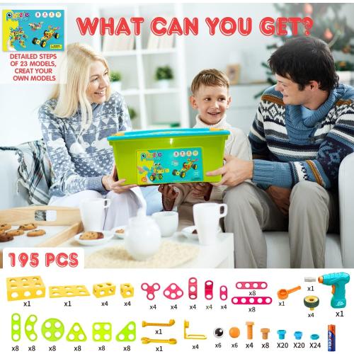 NXONE 195 PCS Educational STEM Toys for Boys and Girls Ages 3 4 5 6 7 8 9 10 Construction Building Blocks Toy Building Sets Kids Toys Creative Activities Games with Storage Box