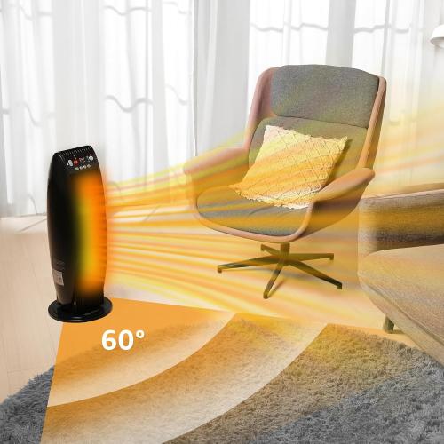 Amazon Basics Oscillating Tower Heater, With Digital Display, Remote Control, Timer, Over-Heat and Tip-Over Protection, Room Temperature Sensor, 2 Heat Settings, 1500W, Black, 8.6D x 8.6W x 23H