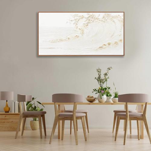 White and Gold Wall Art Small Size Framed Home Artwork Decor Hand Painted White wave with golden embellishments Modern Canvas Painting For Living Room Decor For Bedroom Office Wall Decor