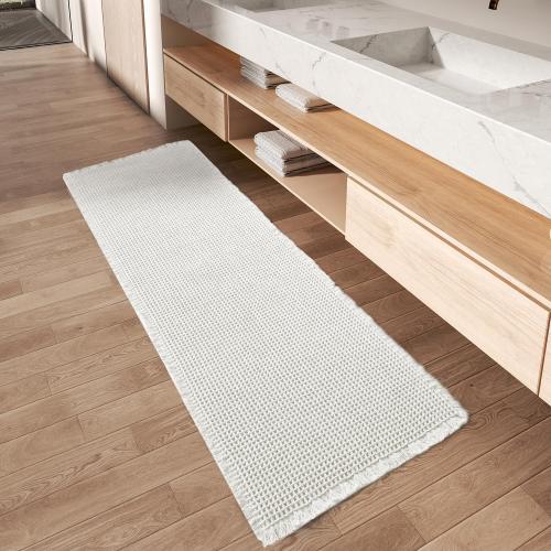 AMOAMI Upgraded Waffle Runner Rug Super Absorbent Non Slip Bath Mats for Bathroom Machine Washable Bathroom Runner Rug with Tassels, Ideal for Hallway Bedroom Laundry Room, White 17 x 60