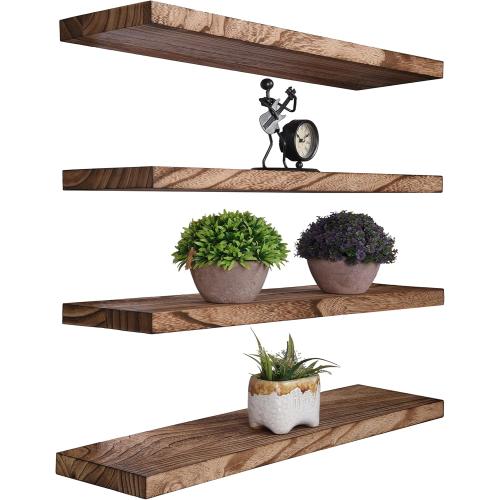 Wood Floating Shelves for Wall Decor, Rustic Wall Shelves for Bedroom Bathroom Kitchen Living Room, Set of 4 Light Walnut 24 Inch
