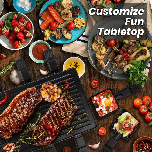 Raclette Table Grill, Techwood Electric Indoor Grill Korean BBQ Grill, Removable 2-in-1 Non-Stick Grill Plate, 1500W Fast Heating with 8 Cheese Melt Pans, Ideal for Parties and Family Fun