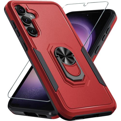 Compatible with Samsung Galaxy S24/S25 Case with Screen Protector Tempered Glass,Heavy Duty Shockproof Full Body Phone Cover Built in Metal Ring Holder Kickstand,2025 Red