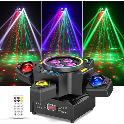 Moving Head DJ Lights,120W Party Light 4 Arm RGBW 4-in-1 Bee-Eyes Beam/Wash/Red Green Starry Sky Golden Strobe Halo Ring Effect Light,Sound-Active/DMX/Remote Control for Party Club Stage Show