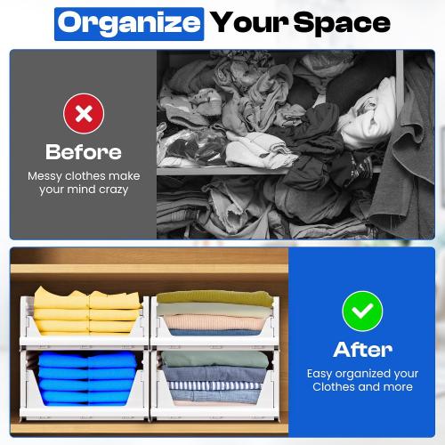 Stackable Plastic Storage Baskets–Set of of 4, Wardrobe & Closet Organizer – Durable Stacking Bins for Clothes, Pantry, or Shelf – Foldable & Space-Saving with 2 Label Sheets-White