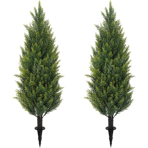 ECOLVANT 3FT Artificial Cedar Topiary Trees with Ground Spike, Set of 2 Faux Cypress Plants UV Resistant Artificial Pine Shrubs Fake Bushes for Outdoor Indoor Front Porch Garden