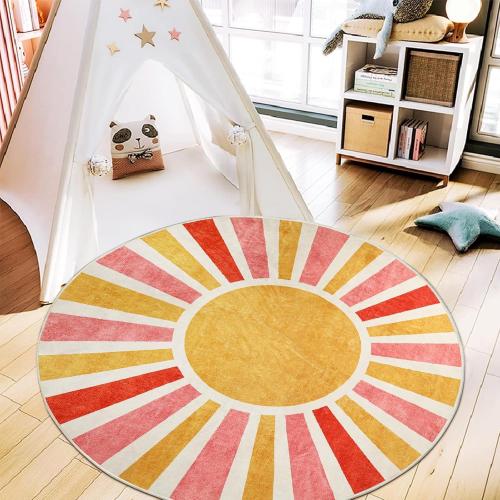 Size 4ft Classroom Rug 4Ft, Round Washable Accent Rug for Kids Colorful Sun Rainbow Throw Carpet for Living Room Soft Thin Mat Non-Slip Low Pile Circle Rug for Nursery Bedroom Playroom