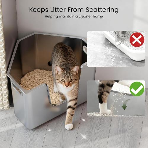 Stainless Steel Corner Cat Litter Box, Metal Litter Box with High Sided, One-piece Corner Cat Toilet, No Assembly Required, Non-Stick, No Odor Kitten Litter Pan, Easy to Clean, for Small Medium Cats