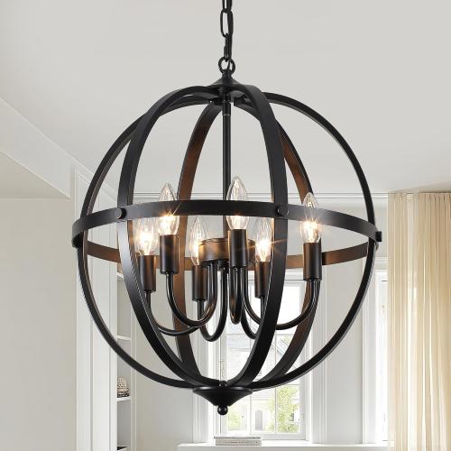 Black Orb Chandelier 6-Light, 17.12'' Small Metal Industrial Globe Pendant Light, Adjustable Hanging Ceiling Light Fixtures, Ceiling Chandelier Light for Kitchen, Dining Room, Foyer