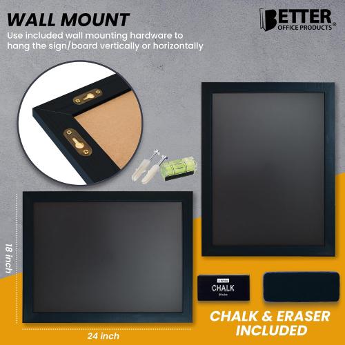 Magnetic Wall Chalkboard, Large Size 18 x 24, Rustic Wood Frame, Chalkboard Sign, Vertical or Horizontal Wall Mount, Includes Chalk and Eraser, by Better Office Products (Solid Black)