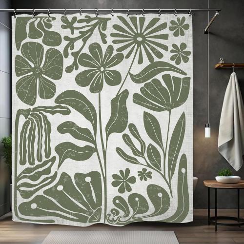 Sage Green Retro Matisse Flower Shower Curtain 60Wx72L Inch Vintage Aesthetic Minimalist Cute Art 70s Trendy Modern Bathroom Set Accessories Decor with 12 Pack Hooks
