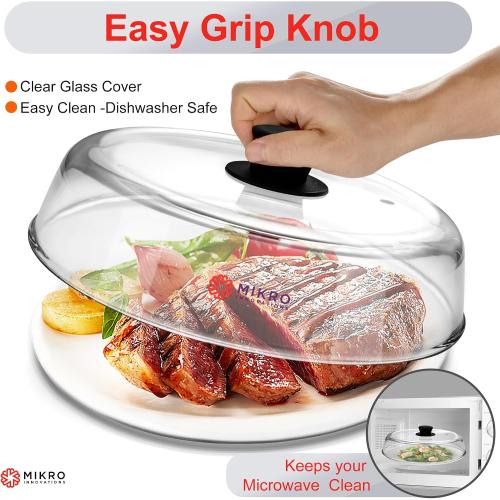 10.5-Inch Glass Microwave Splatter Cover – Borosilicate Glass Food Plate Splatter Guard with Vent Hole, BPA-Free, Easy-Grip Silicone Knob, Dishwasher Safe (1, Black, 10.5in)