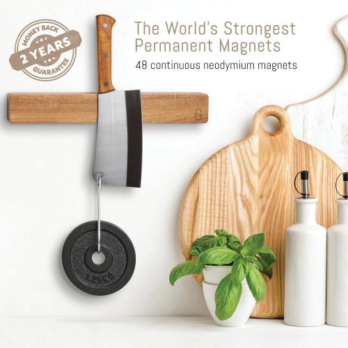 Premium 24 inch Magnetic Knife Holder for Wall with 2x Storage & Charming Wood - Knife Magnetic Strip, Under Cabinet Magnet Knives Storage - Magnet Strip Rack Kitchen Utensil Holder Organizer Tool