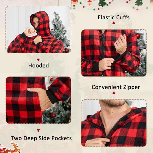 SIZE XXL U2SKIIN Couple Fleece Onesie Pajamas, Matching Plaid Hooded Zipper Pjs Set Christmas Jumpsuit Warm Sleepwear for Women & Men