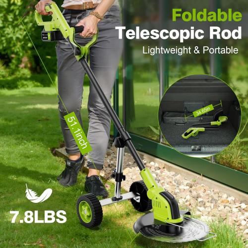 Green 12 Kihoplly Stringless Weed Wacker Cordless Eater, 21V 3000mAh*2 Battery Powered Grass Trimmer Brush Cutter, 3-in-1 Wheeled Lawn Edger with Blades, Electric String Trimmer 2 Batteries and Charger