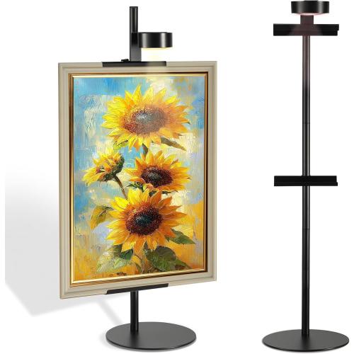 Adjustable Desktop Photo Frame Stand with Magnetic Wall Painting Light, Holds Picture Frames up to 30 Inch,with Rechargeable Battery,Metal Vertical Stand with 3 Color Temperature & 13RGB Poster Lights, for Displaying Picture Frames, Artworks (1 Pack,Black