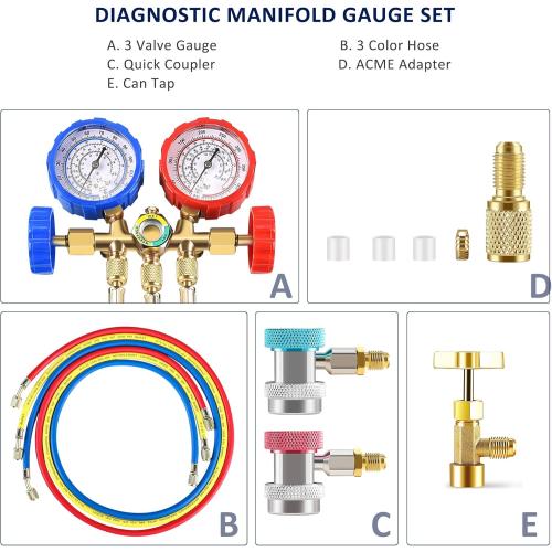Orion Motor Tech 3 Way AC Diagnostic Manifold Gauge Set for Freon Charging, Fits R134A R12 R22 and R502 Refrigerants, with 5FT Hose, Tank Adapters, Adjustable Couplers and Can Tap